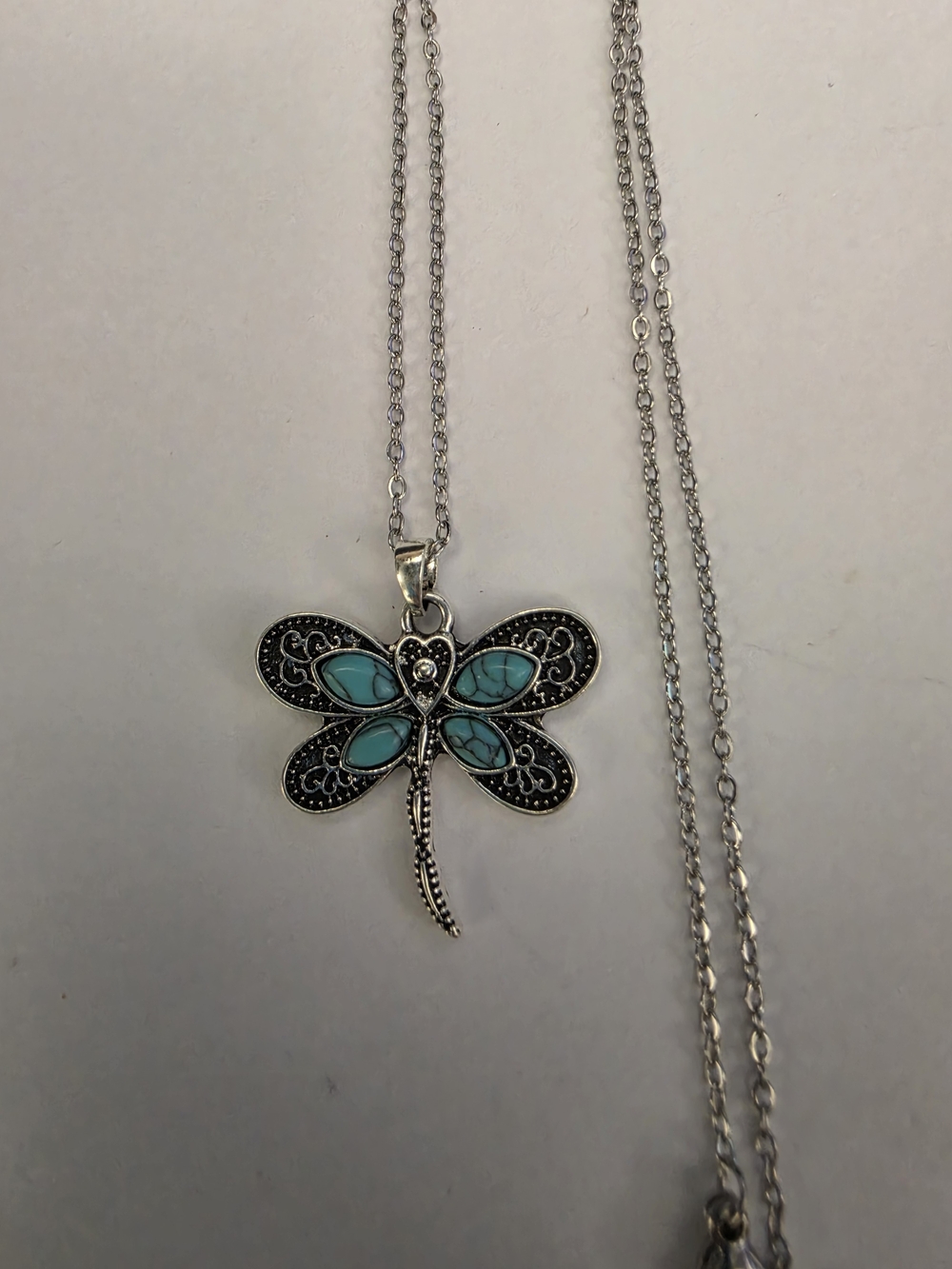 Sterling-Style Turquoise Dragonfly Pendant Necklace